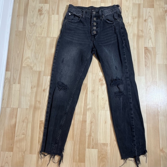We The Free Free People Black Denim Distressed Button Fly Raw Hem Jeans Size 24 - Picture 2 of 8